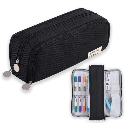 3 Compartment Pencil Case in black textured fabric with three zippers, opening to reveal pen holders and mesh pockets