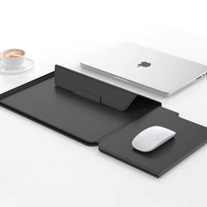 3-in-1 Detachable PU Leather Laptop Sleeve in black, opened into a flat mouse pad and raised laptop stand with magnetic flap