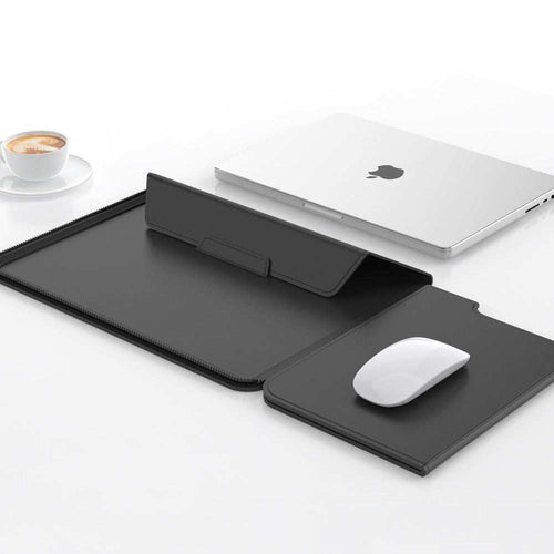 3-in-1 Detachable PU Leather Laptop Sleeve in black, opened into a flat mouse pad and raised laptop stand with magnetic flap