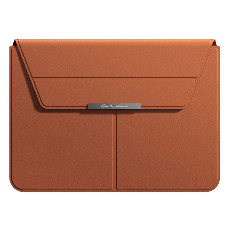 3-in-1 Detachable PU Leather Laptop Sleeve in warm brown textured PU leather, with a fold-over flap and clasp