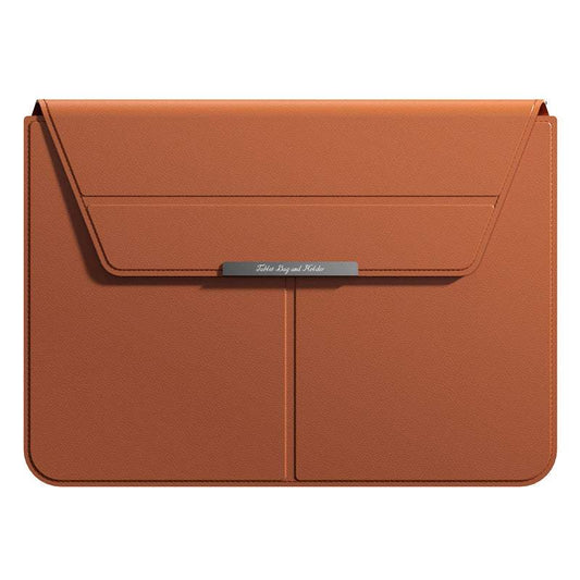 3-in-1 Detachable PU Leather Laptop Sleeve in warm brown textured PU leather, with a fold-over flap and clasp