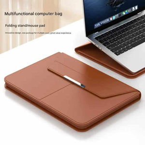 3-in-1 Detachable PU Leather Laptop Sleeve in brown PU leather, with a folding stand and mouse pad design