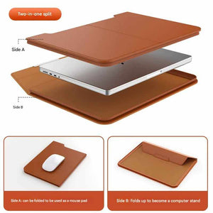 3-in-1 Detachable PU Leather Laptop Sleeve in warm brown PU leather, shown separating into a mouse pad and laptop stand