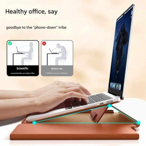 3-in-1 Detachable PU Leather Laptop Sleeve in brown, unfolded as an ergonomic laptop stand with a raised laptop