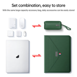 3-in-1 PU Leather Laptop Sleeve in dark green with a matching zippered accessory pouch and wrist strap
