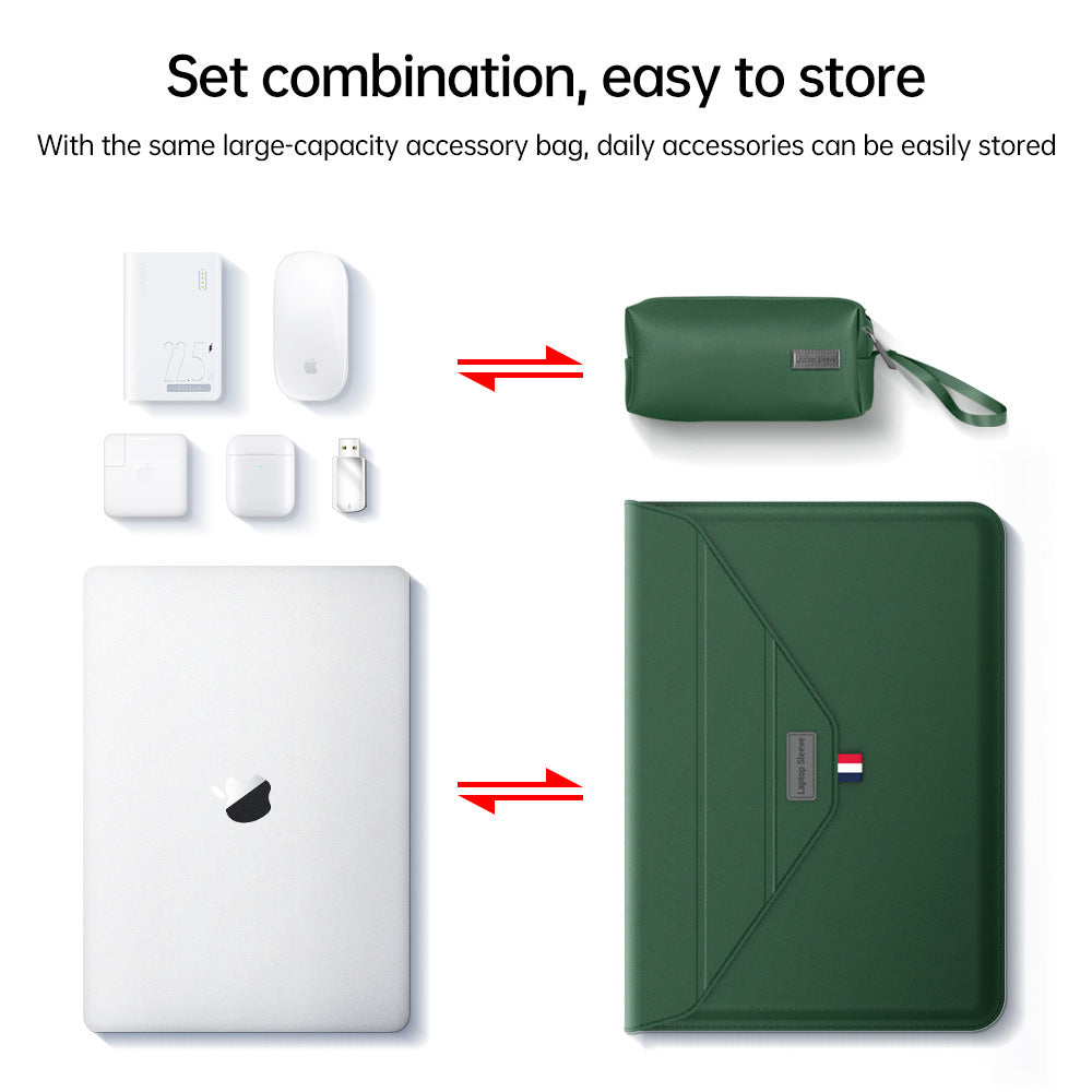 3-in-1 PU Leather Laptop Sleeve in dark green with a matching zippered accessory pouch and wrist strap