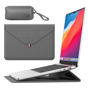 3-in-1 PU Leather Laptop Sleeve in grey with a smooth finish, folded stand design, and matching zippered accessory pouch
