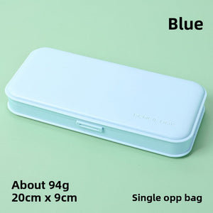 3-Pack Blue Macaron Color Pencil Case, showing one light blue frosted plastic case with rounded corners and a snap clasp