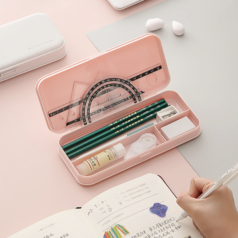 3-Pack Blue Macaron Color Pencil Case with a pink frosted case open to show pencils, stationery and divided compartments