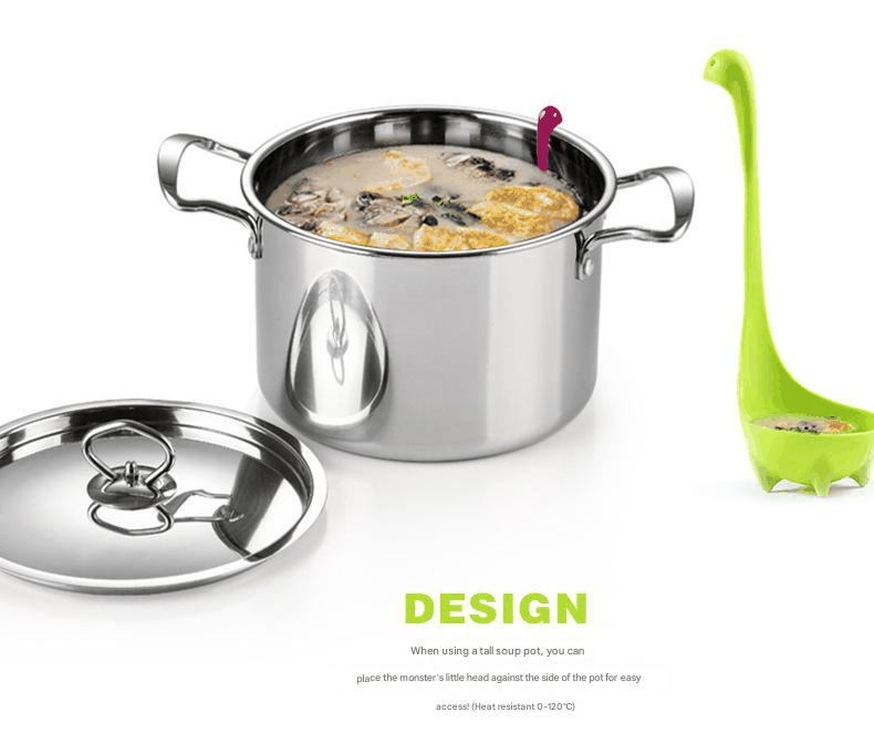 3-piece Blue and Red and Green ladle set with whimsical long-neck monster shape, shown beside a stainless steel soup pot