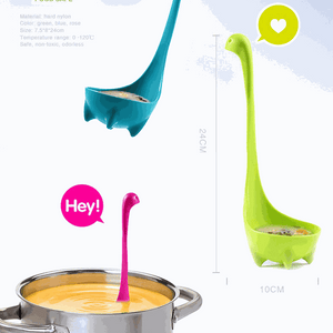 3-piece Blue and Red and Green Nessie ladle set shown with turquoise and lime green long-necked ladles and a pink ladle in soup