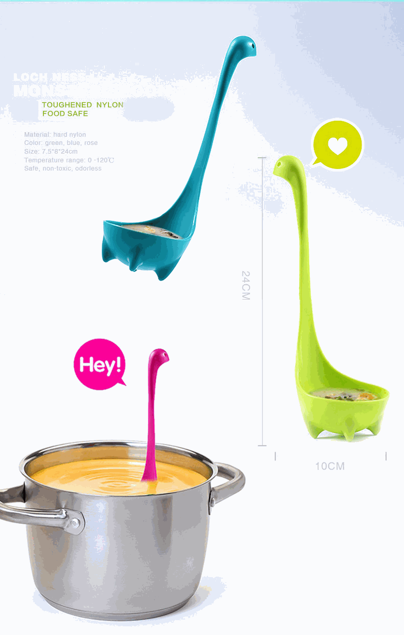 3-piece Blue and Red and Green Nessie ladle set shown with turquoise and lime green long-necked ladles and a pink ladle in soup