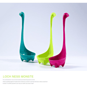 Nessie ladle set, 3-piece Blue and Red and Green, with long monster-neck handles and four small standing feet.