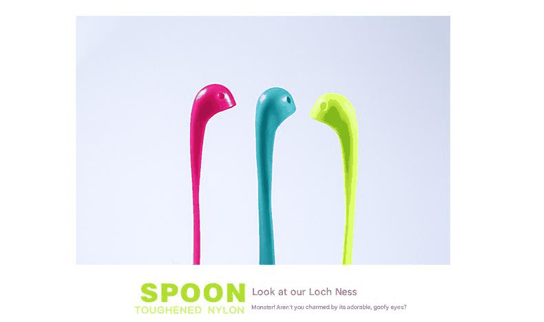 Nessie ladle set, 3-piece Blue and Red and Green, with glossy long-neck monster handles in pink, teal and lime.
