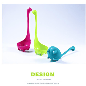 Nessie ladle set in 3-piece Blue and Red and Green, with long neck handles, deep bowls and monster feet.
