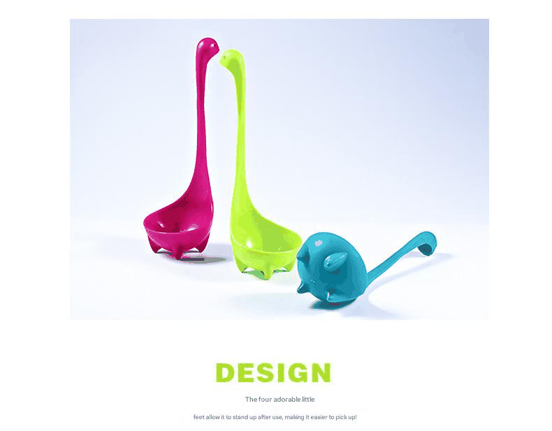 Nessie ladle set in 3-piece Blue and Red and Green, with long neck handles, deep bowls and monster feet.