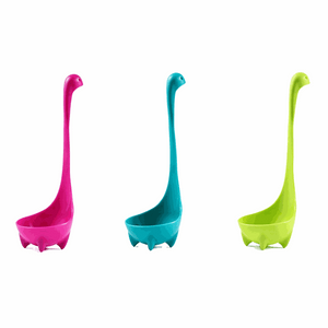 3-piece Blue and Red and Green Nessie ladle set in vivid pink, turquoise and lime green, each with a long neck and feet