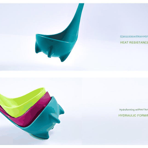 Ladle set in turquoise blue, lime green and magenta nylon, with long handles and playful monster-shaped feet; 3-piece Blue and Red and Green