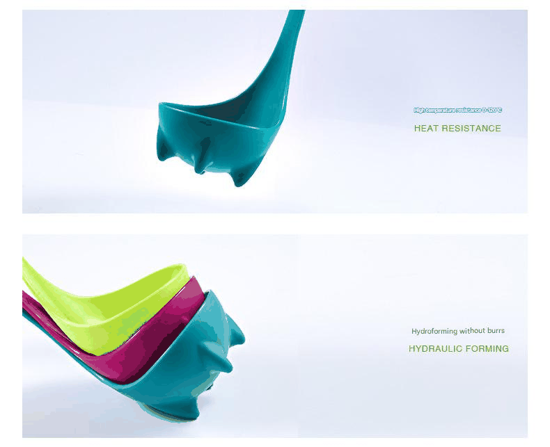 Ladle set in turquoise blue, lime green and magenta nylon, with long handles and playful monster-shaped feet; 3-piece Blue and Red and Green
