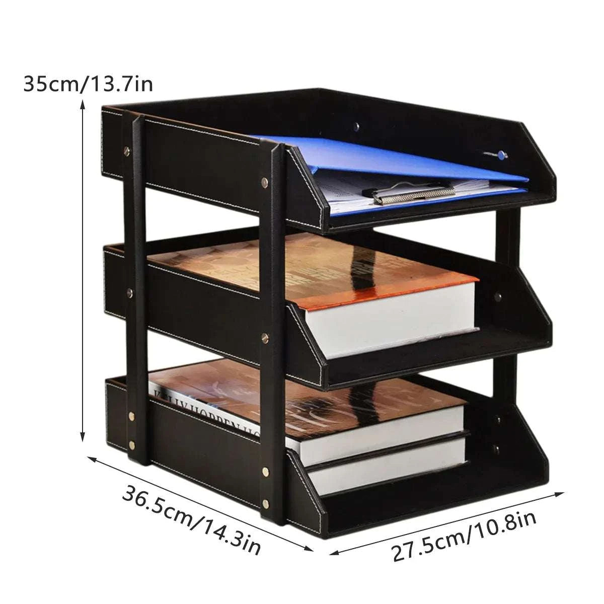 3-Tier Faux Leather black desktop file tray with white stitching, three removable trays holding folders and books