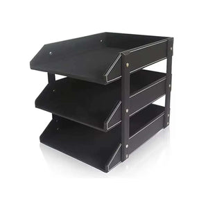 3-Tier Faux Leather desktop file tray in black with white stitching, featuring three removable trays and metal supports