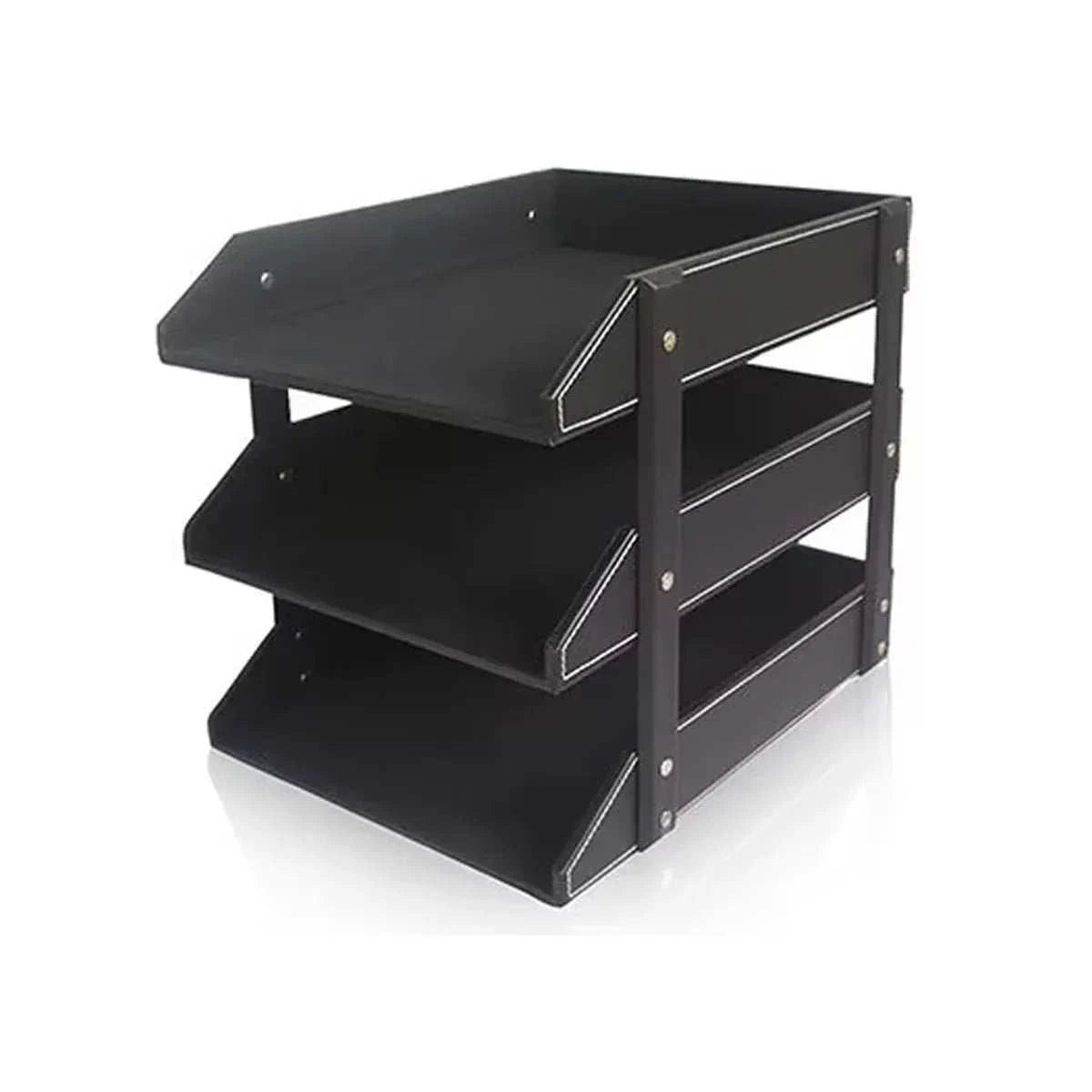 3-Tier Faux Leather desktop file tray in black with white stitching, featuring three removable trays and metal supports