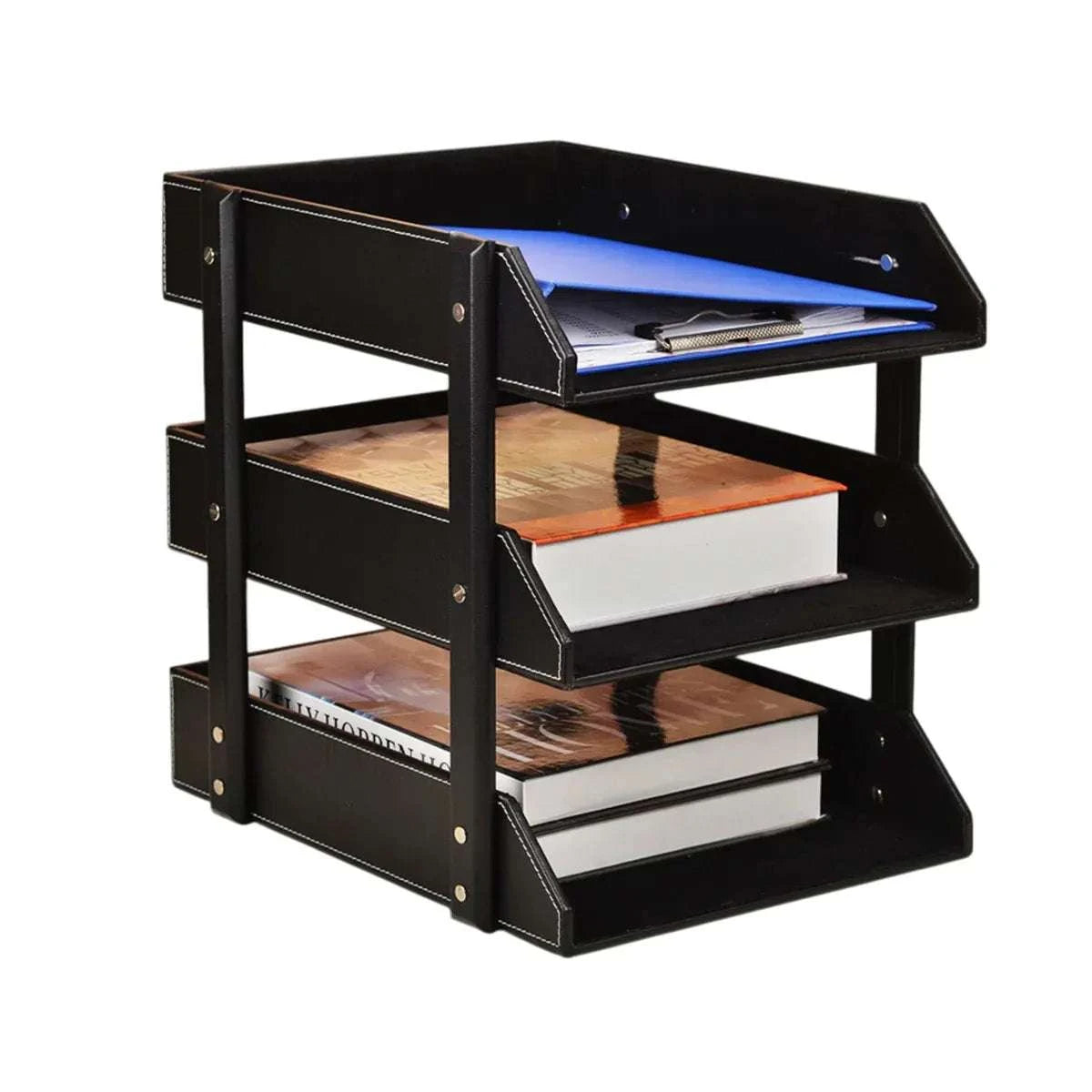 3-Tier Faux Leather black desktop file tray with white stitching, metal supports, and three removable storage compartments for documents and books.