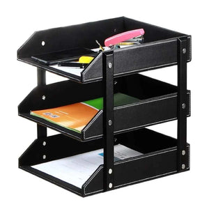 3-Tier Faux Leather desktop file tray in black with white stitching, featuring three removable trays and silver metal fasteners for office organization.