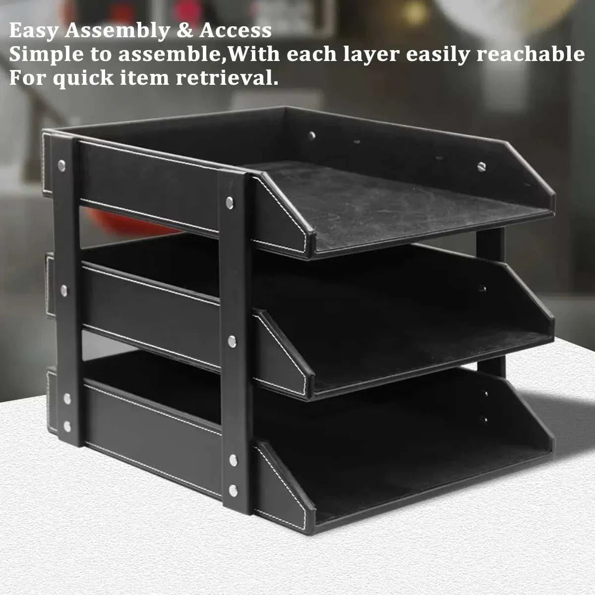 3-Tier Faux Leather desktop file tray in black with white stitching, three removable spacious trays with metal fasteners for stable support.