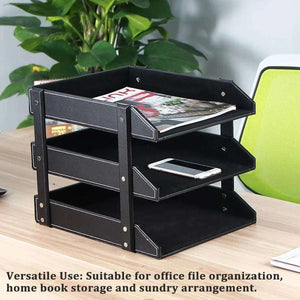 3-Tier Faux Leather desktop file tray in black with white stitching, featuring three removable tiers for organizing A4 documents and gadgets.