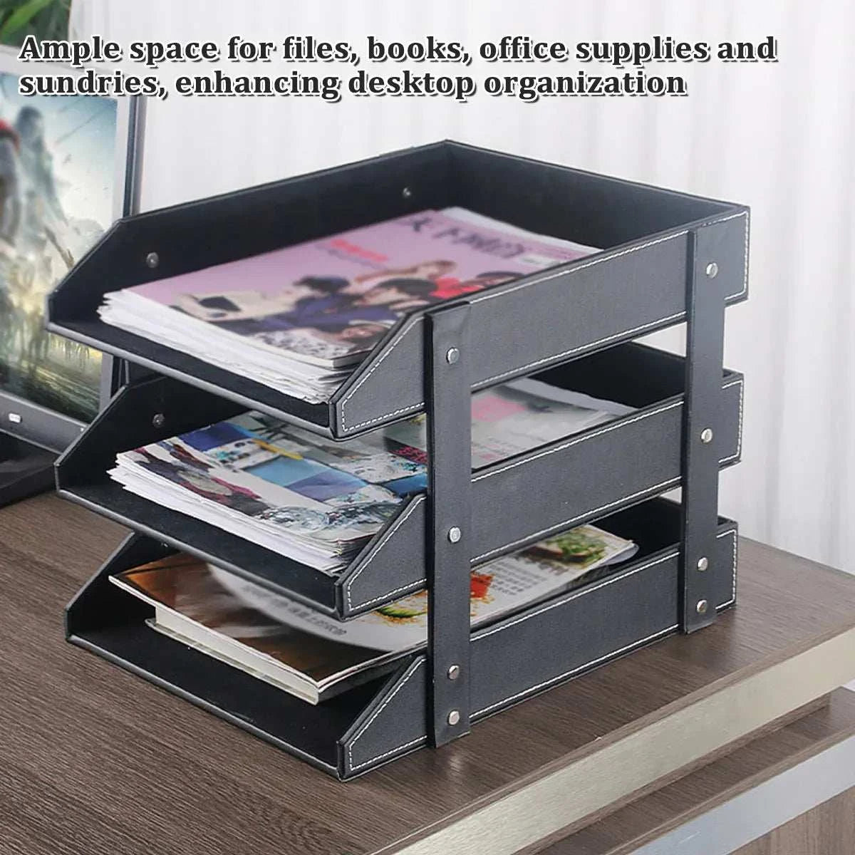 3-Tier Faux Leather desktop file tray in black with white stitching, sturdy metal accents, and three removable tiers for organizing papers.