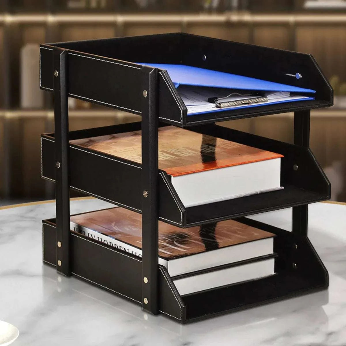 3-Tier Faux Leather black desktop file tray with white stitching, three removable tiers holding books and folders