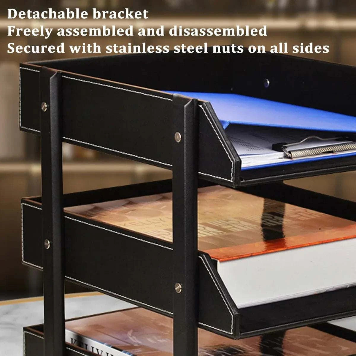 3-Tier Faux Leather black desktop file tray with white stitching, detachable brackets, and metal fasteners for sturdy assembly