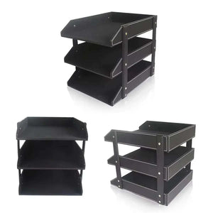 3-Tier Faux Leather black desktop file tray with white stitching, three removable tiers for organizing A4 papers and folders.