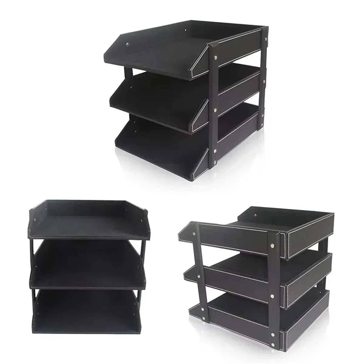 3-Tier Faux Leather black desktop file tray with white stitching, three removable tiers for organizing A4 papers and folders.