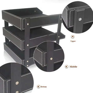 3-Tier Faux Leather desktop file tray in black with white stitching, featuring three removable trays with metal fasteners and reinforced sides.