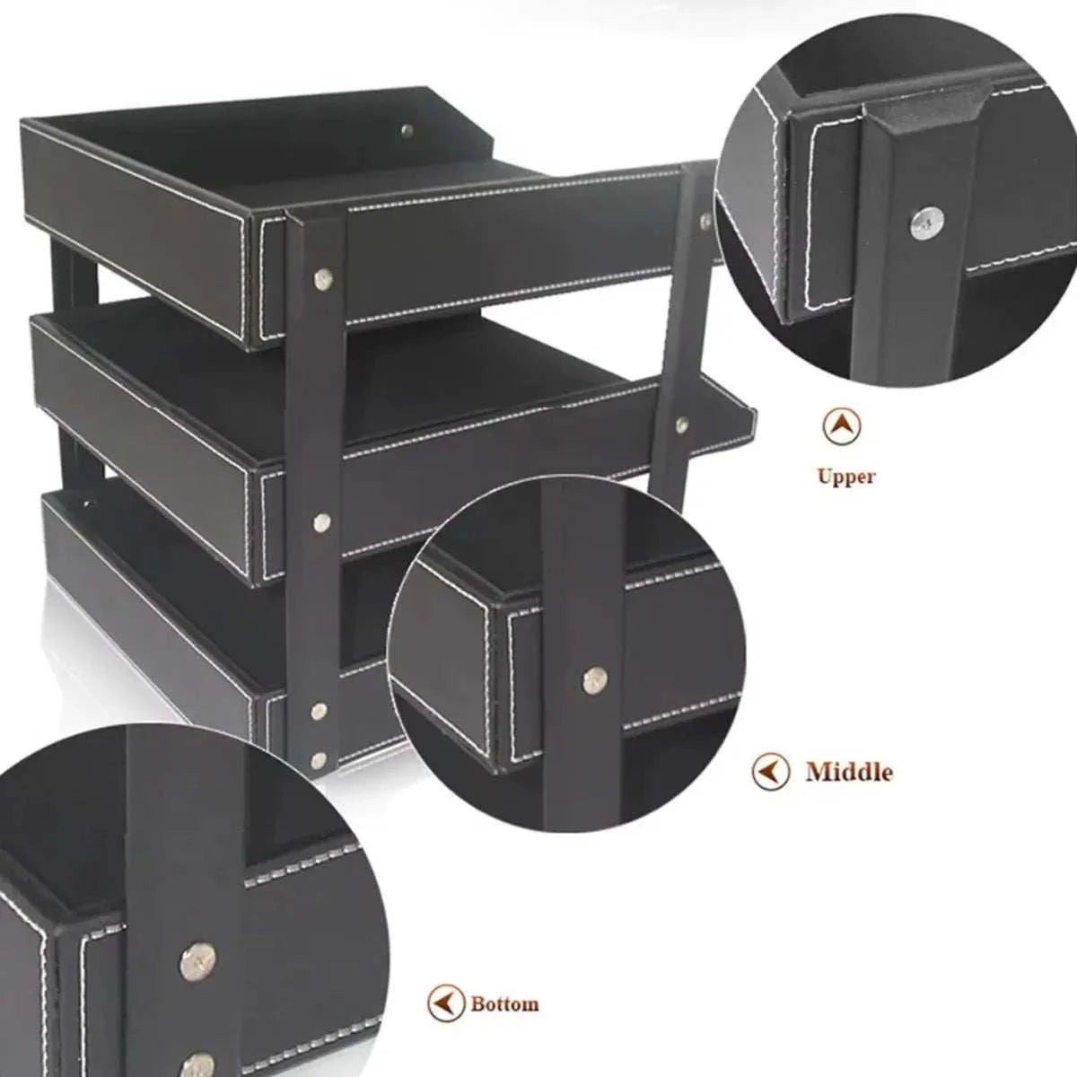 3-Tier Faux Leather desktop file tray in black with white stitching, featuring three removable trays with metal fasteners and reinforced sides.