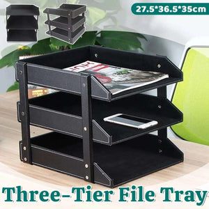 3-Tier Faux Leather desktop file tray in black with white stitching, three removable tiers for organizing documents and gadgets