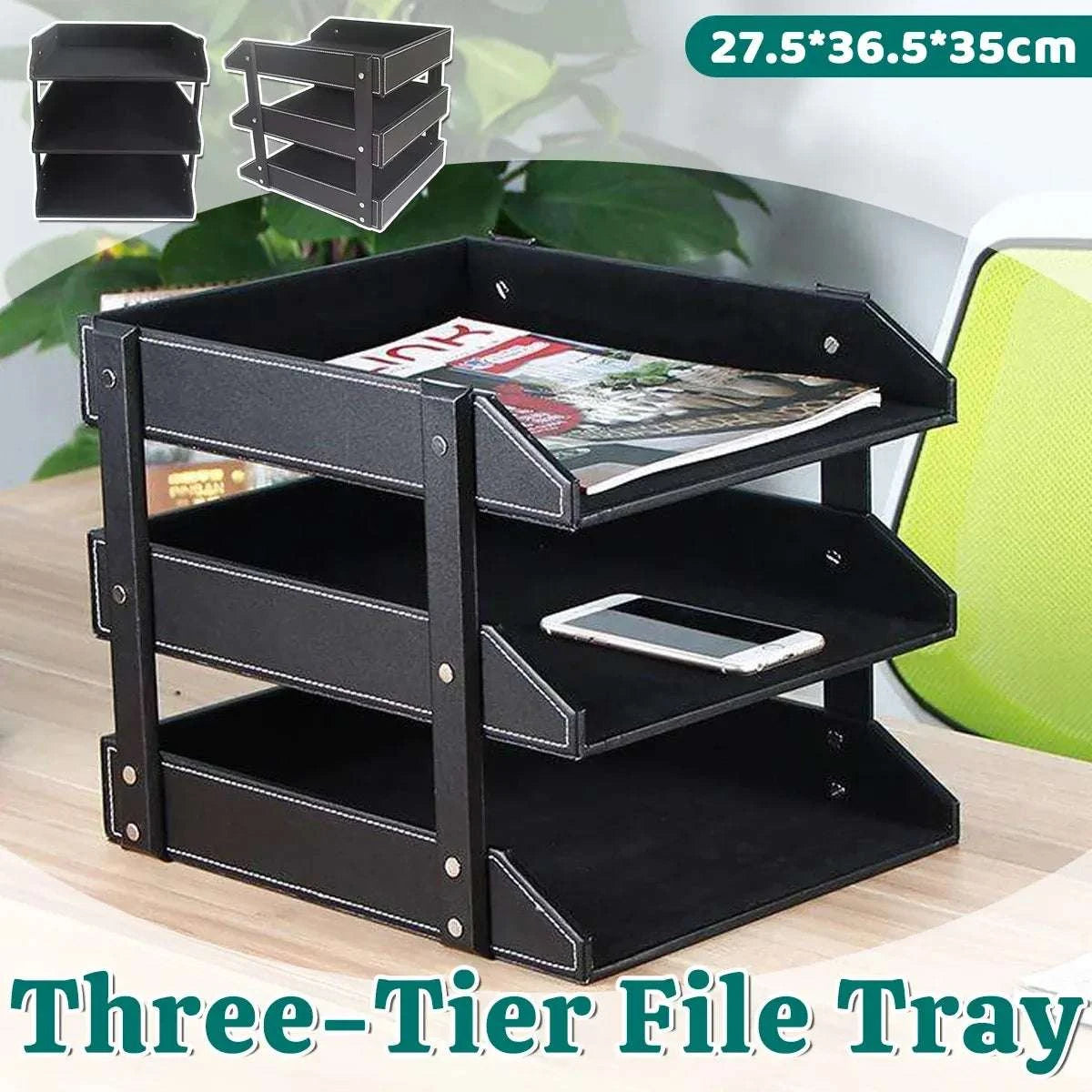 3-Tier Faux Leather desktop file tray in black with white stitching, three removable tiers for organizing documents and gadgets