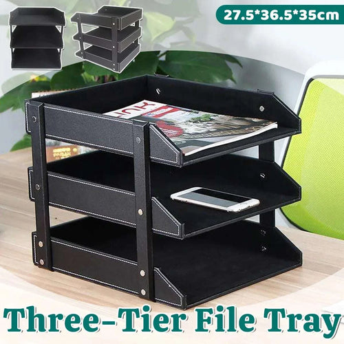 3-Tier Faux Leather desktop file tray in black with white stitching, three removable tiers for organizing documents and gadgets