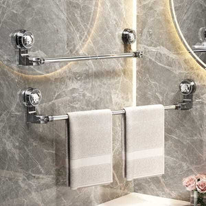 30–60 cm extendable towel rail with chrome-finish rods, round suction cup mounts and two white towels hanging below