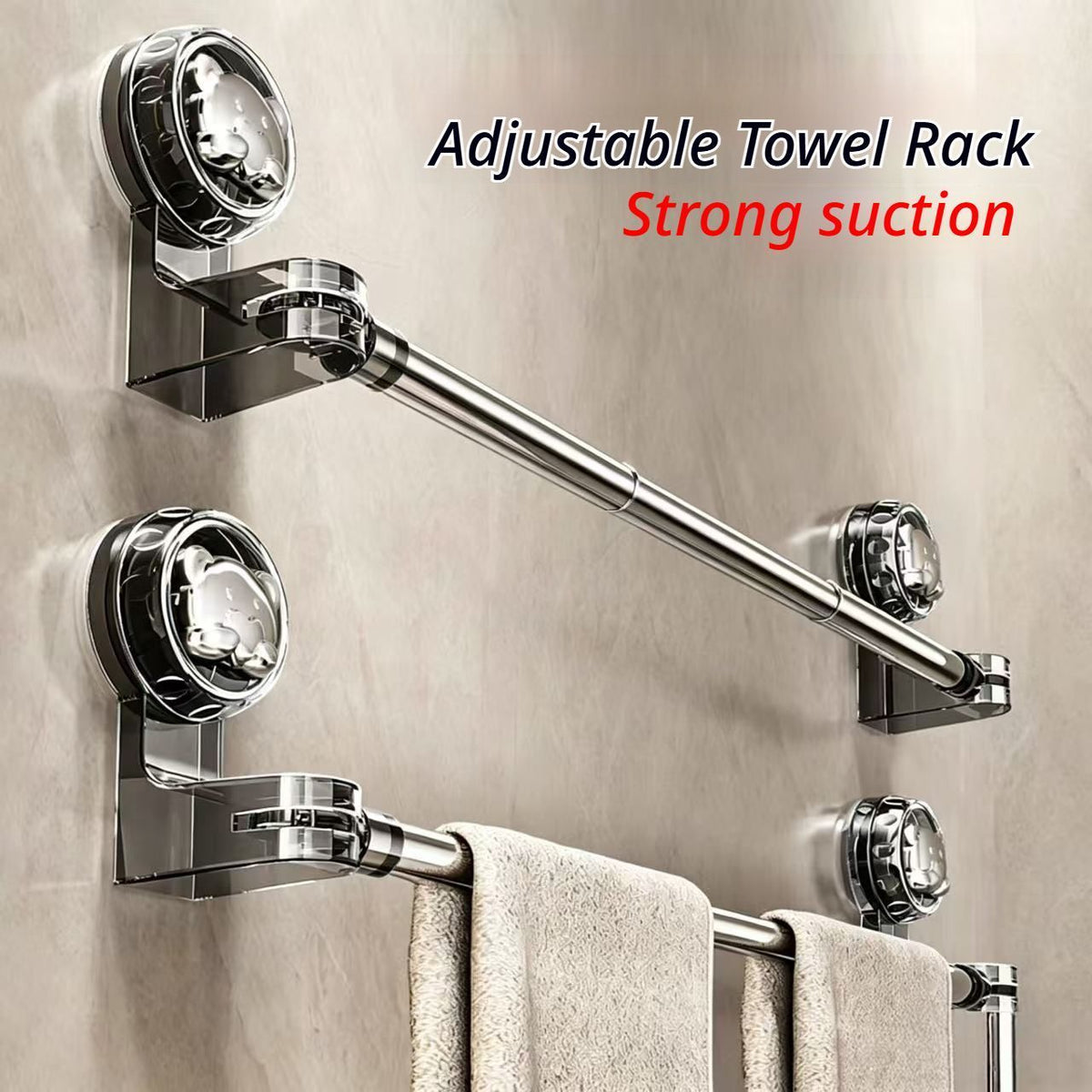 30–60 cm extendable towel rail with a shiny silver metal rod, black-and-silver suction cups and adjustable length
