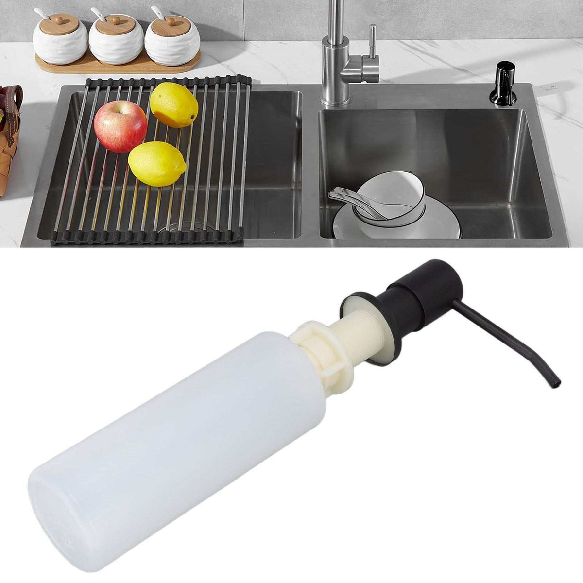 300ml Kitchen Sink Soap Dispenser with a white plastic bottle and black pump head featuring a curved spout