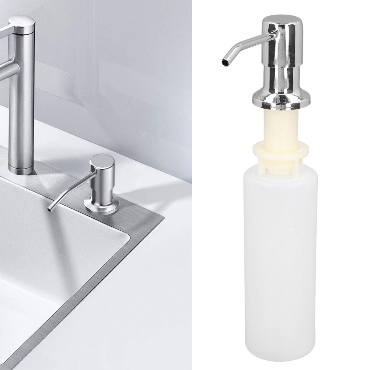 300ml Sink Soap Dispenser with a chrome-plated metal pump and white plastic bottle, featuring a slim sink-mounted design