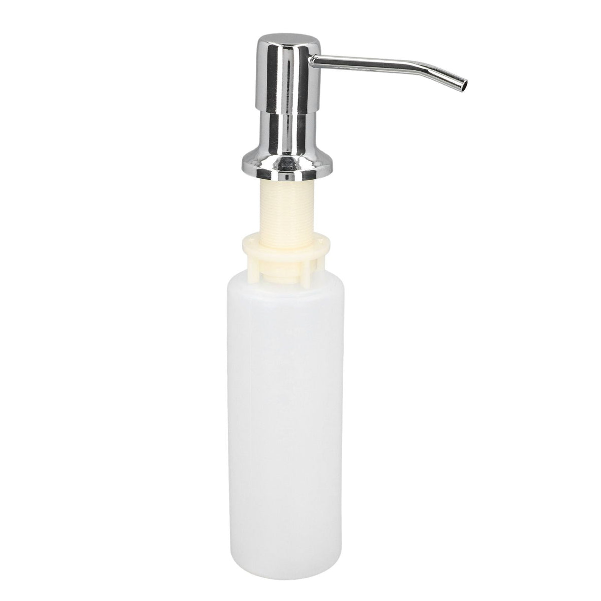 300ml Sink Soap Dispenser with a chrome-plated metal pump, curved spout and translucent white plastic bottle