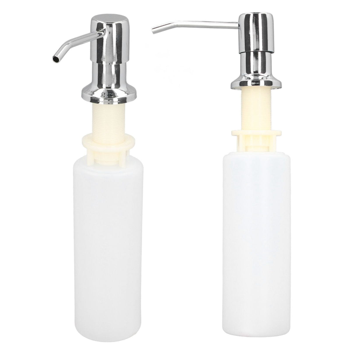 300ml Sink Soap Dispenser with a chrome-plated metal pump, cream plastic neck and white cylindrical bottle
