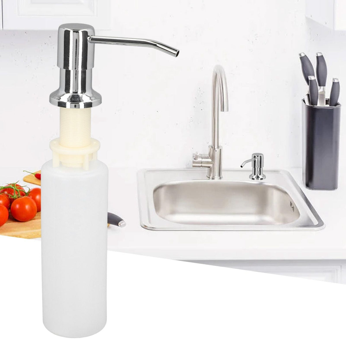 300ml Sink Soap Dispenser with a white plastic bottle and chrome-finish metal pump, featuring a long angled spout