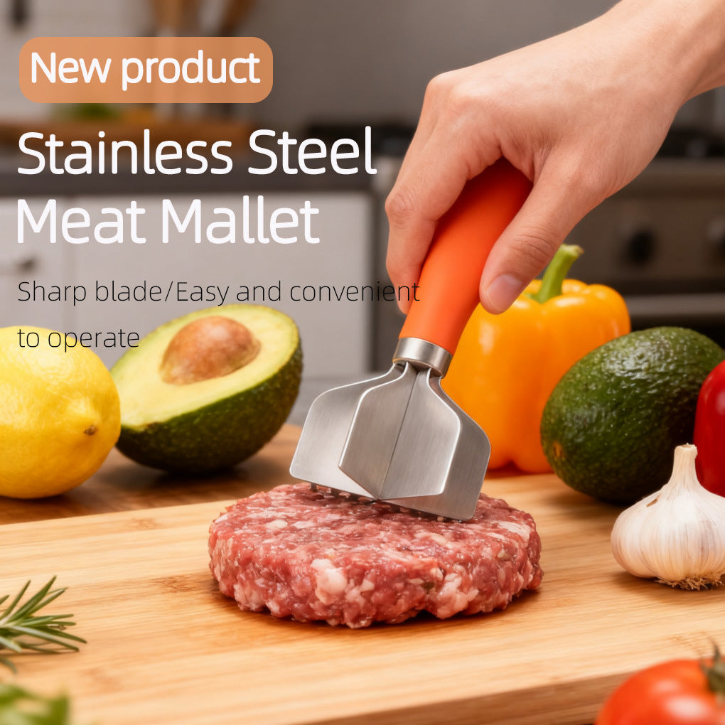 304 Stainless Steel Meat Chopper with a silver steel chopping head and bright orange handle, pressing ground meat