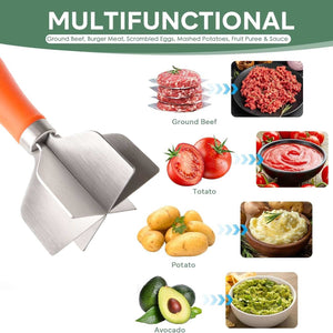 304 Stainless Steel Meat Chopper with a silver four-blade chopping head and bright orange handle