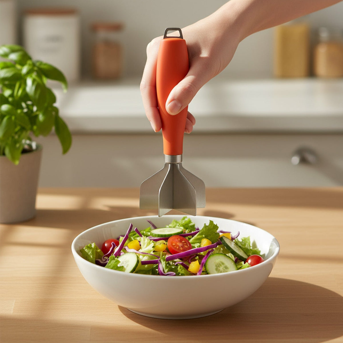 304 Stainless Steel Meat Chopper with a silver four-blade head and orange handle, held above a bowl of salad